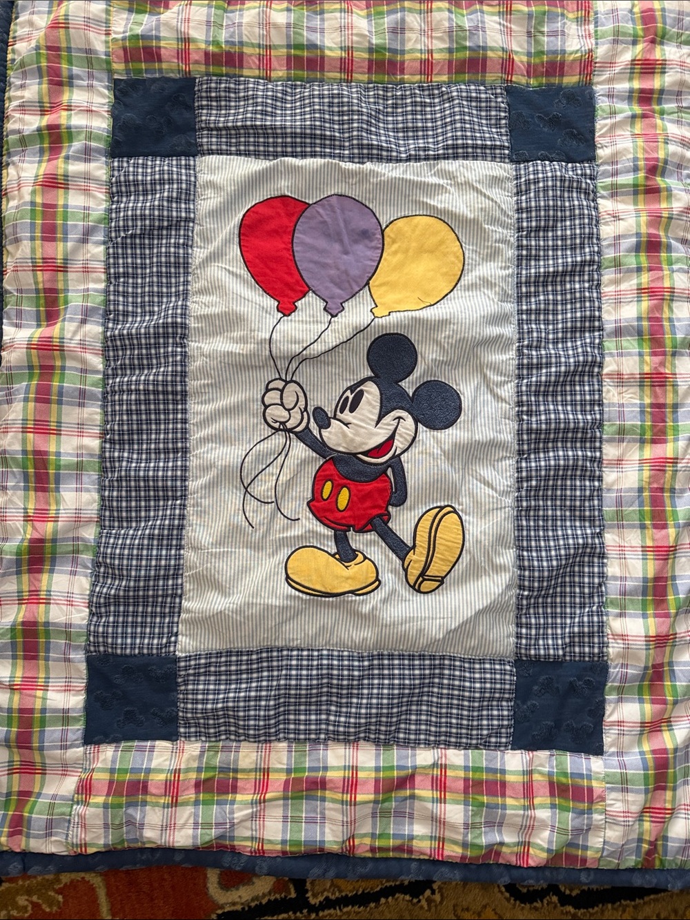 Mickey Crib Quilt Comforter Vintage 90s Crown Craft Disney Balloons Plaid